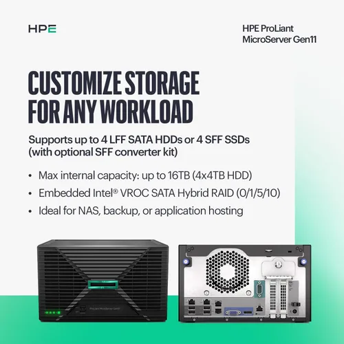 Vista 5 de Hewlett Packard Enterprise ProLiant MicroServer Gen11 Tower Server, procesador Intel Pentium Gold G7400, memoria de 16 GB, almacenamiento HDD de 1