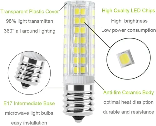Vista 2 de Bombillas LED E17 de 6 W para microondas, reemplaza la bombilla halógena de 125 V 40 W para Whirlpool GE sobre la estufa, campana extractora