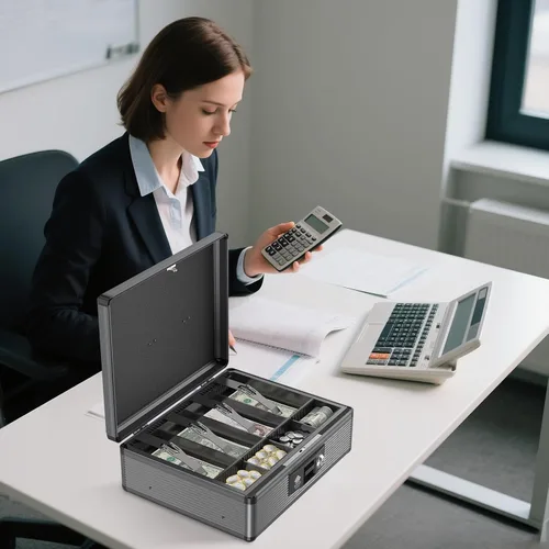 Vista 8 de Caja de Efectivo con Cerradura con Bandeja para Dinero y Llave, Caja Fuerte Segura para Efectivo, Caja de Dinero Portátil con Espacios