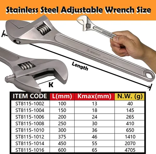 Vista 2 de WEDO Adjustable Wrench 4",Max Jaw Opening 13mm,Stainless Steel Professional Spanner,Precision Jaws,Corrosion Resistant,Rust Proof,High