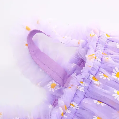 Vista 4 de Vestidos casuales de cumpleaños para niñas, vestidos de fiesta floral, margarita, sin mangas, 1-6 años, tul para playa (morado, 5-6 años)