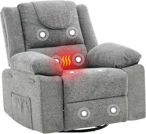 Vista 8 de Silla reclinable mecedora de gran tamaño para adultos, silla reclinable giratoria de 360°, sofá individual con masaje por vibración y calefacción