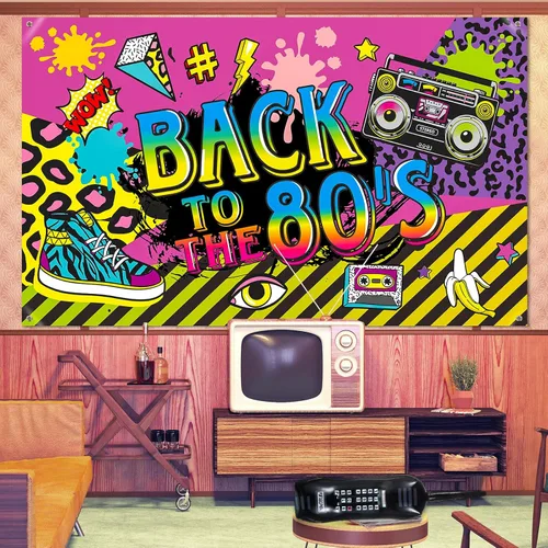 Vista 7 de Xuhal Decoraciones de fiesta de los años 80, pancarta de fondo de fiesta de regreso a los 80 con radio inflable Boombox y teléfono móvil, globos
