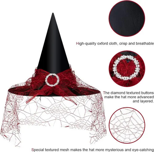 Vista 17 de Edoneery Sombrero de bruja de Halloween para mujer, encaje de malla, accesorio de disfraz de mago para fiestas de cosplay