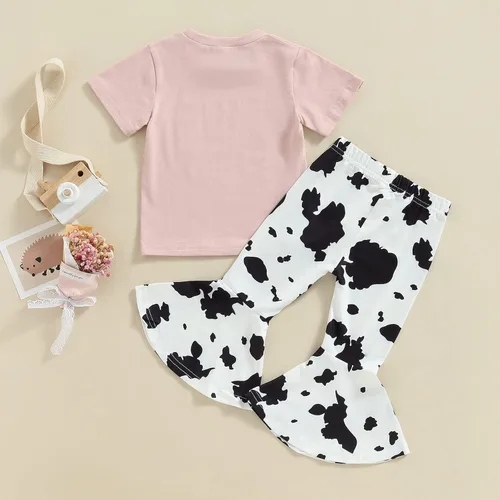 Vista 31 de fhutpw Conjunto de camiseta de manga corta con estampado de vaca y pantalones acampanados de dibujos animados para niñas