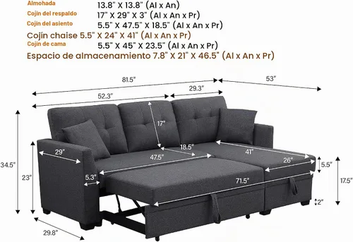 Vista 2 de Alexent Sofá cama con cama extraíble, diván de almacenamiento, sofá seccional pequeño, sofá de sala de estar, sofá reversible de 3 plazas para sala