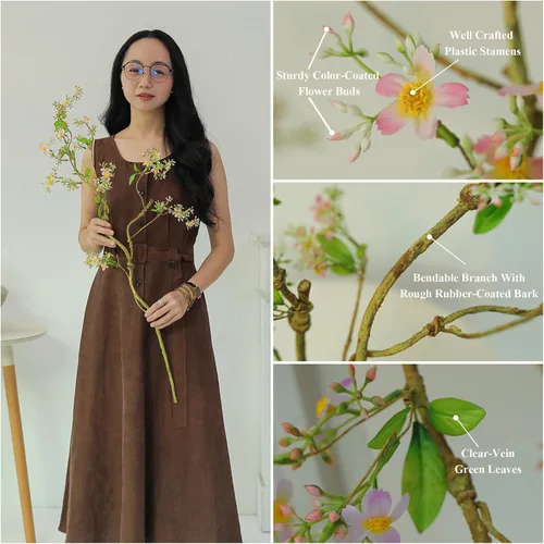 Vista 4 de 3pcs 33.5inch Rustic Bendable Faux Tree Branches With White Chamomile Wild Flowers Twigs Silk Pink Daisy Decorative Green Leaves Stems For Vase
