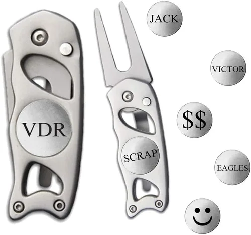 Vista 6 de Indiana Metal Craft Switchblade Divot Herramienta de reparación de acero inoxidable personalizada con dos marcadores de bola (un repuesto)