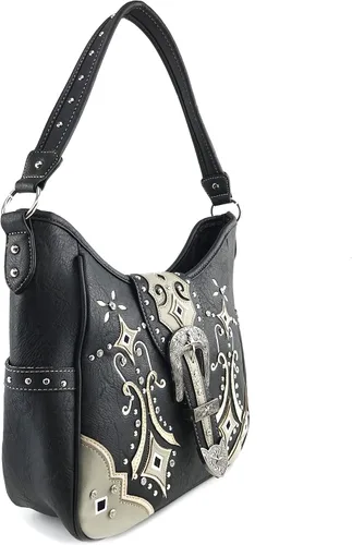Vista 2 de Justin West Bolso de mano oculto con hebilla de diamantes de imitación y tachuelas con bordado floral occidental (bolso negro), negro (Black Tote)