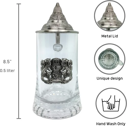 Vista 3 de OktoberfestHaus - Medallón de metal del Bayern alemán de 0,5 litros para hombre, con tapa de metal, taza de cristal