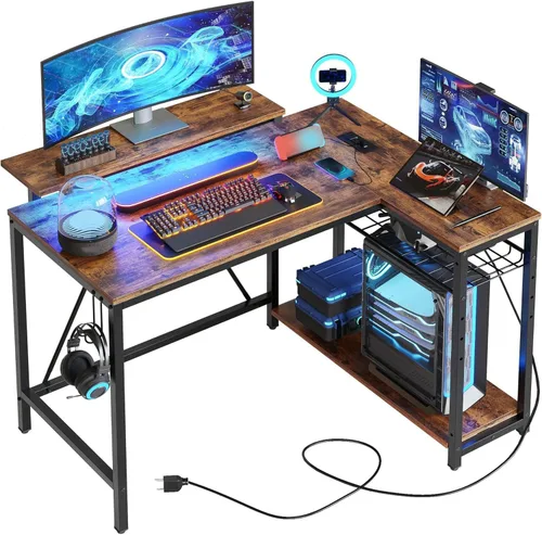 Vista 14 de Bestier - Escritorio de juegos con tomas de corriente, escritorio para computadora de 42 pulgadas en forma de L con luces LED, escritorio