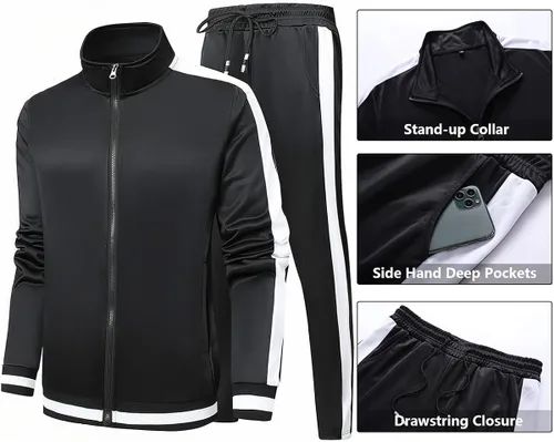 Vista 2 de GXAMOY Conjunto deportivo deportivo de 2 piezas para hombre, casual, con cremallera completa, para correr, entrenamiento, deportes, conjunto