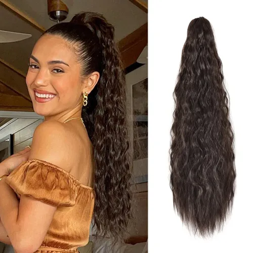 Vista 13 de YEAME Extensión de cola de caballo ondulada con clip de garra, cola de caballo de 22 pulgadas, pelo sintético castaño mezclado con rubio, cola