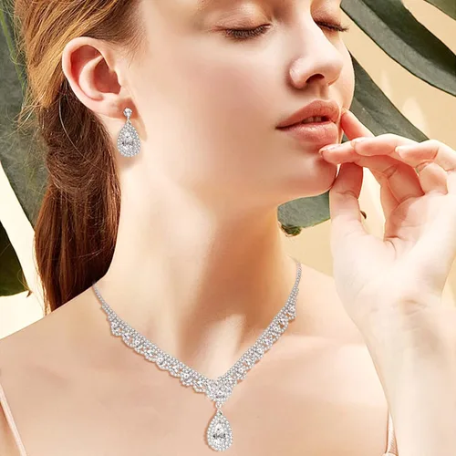 Vista 2 de Juego de joyas de plata para mujer, juego de joyería nupcial para boda, collar de lágrima, aretes, joyería de graduación de plata para mujeres