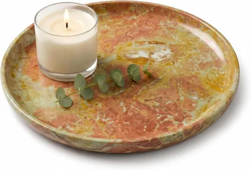Vista 17 de YKAJO Beige Travertine Round Marble Tray, 10" Deep Dish Vanity Organizer