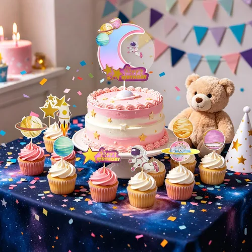 Vista 3 de Ercadio 1 pieza de decoración para tartas de niña espacial, luna, estrella, cohete, planeta, decoración de pasteles, espacio de feliz cumpleaños