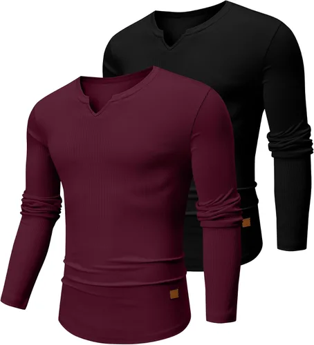 Vista 13 de JMIERR Camisetas de manga larga para hombre, estilo casual, cuello en V Negro+Blanco