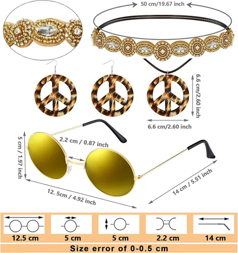 Vista 2 de Conjunto de accesorios de disfraz hippie de los años 60, 70, 80, 90, juego de accesorios de gafas de sol con borlas y flecos, chaleco sin mangas