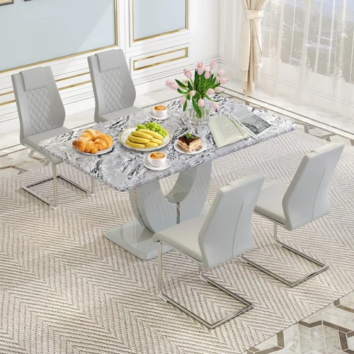 Vista 84 de JUFU Juego de mesa de comedor moderno para 4, juego de mesa de cocina rectangular de 63 pulgadas con mesa de mármol sintético y 4 sillas tapizadas