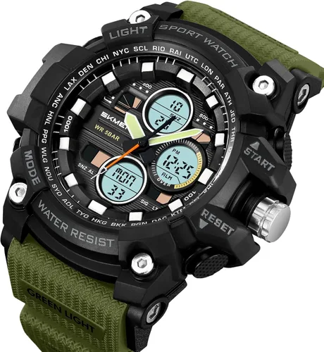 Vista 3 de Reloj analógico de cuarzo para hombre con doble pantalla y alarma digital con iluminación LED