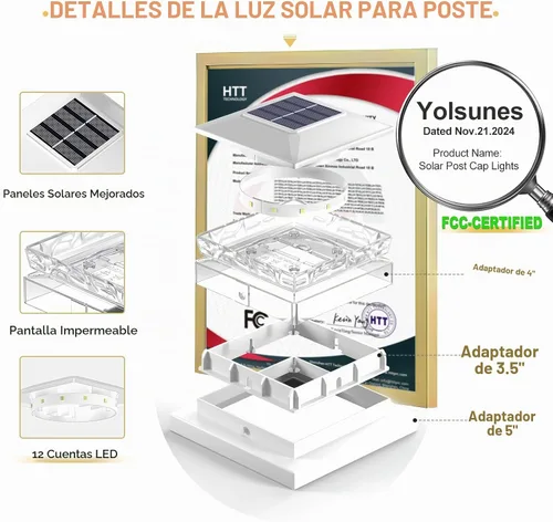 Vista 5 de Luces Solares para Tapas de Postes Paquete de 6, Luz Solar Impermeable para Poste de Valla, Luz Exterior Blanca IP65 de 4 x 4 para Terraza, Jardín
