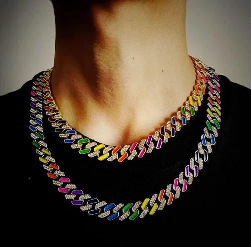 Vista 6 de FW Jewelry Cadena de eslabones cubanos esmaltados de plata u oro para hombre collares cubanos gruesos coloridos para mujer cadenas cubanas de hip