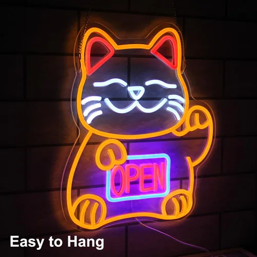 Vista 2 de Letrero de neón de gato de la suerte, letreros LED abiertos para decoración de habitación japonesa, luz de neón de gato de la fortuna regulable