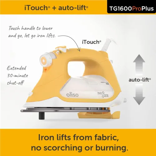 Vista 6 de Oliso TG1600 Pro Plus SmartIron de 1800 vatios con elevación automática y protector de suela de hierro de silicona Oliso Solemate (amarillo) + bolsa