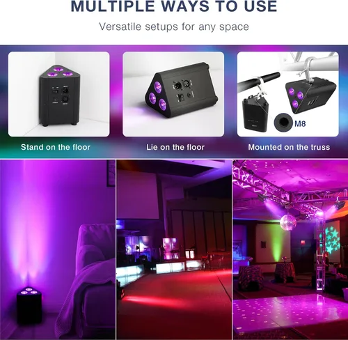 Vista 6 de Luces Par de escenarios alimentadas por batería, LED 4 en 1 RGBW a todo color, 6 horas de funcionamiento en todo color, control remoto y DMX; luces