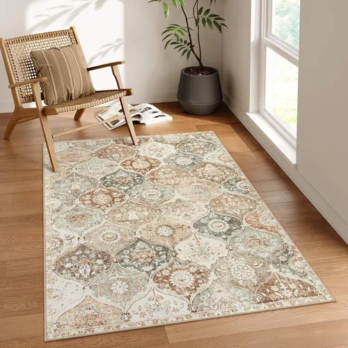 Vista 10 de Lahome - Alfombra marroquí antideslizante y lavable, pequeña alfombra oriental para dormitorio, cocina, entrada, baño, entrada, 61 x 91 cm, crema