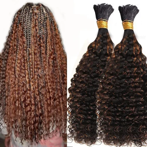 Vista 14 de Cabello humano rizado con reflejos marrones a granel para trenzar microtrenzas, cabello humano a granel, húmedo y ondulado, sin trama, cabello