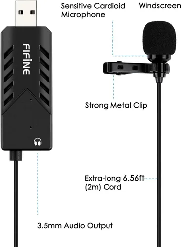 Vista 2 de FIFINE Micrófono de solapa Lavalier USB, condensador cardioide con clip, micrófono USB Plug and Play con tarjeta de sonido para PC y Mac-K053