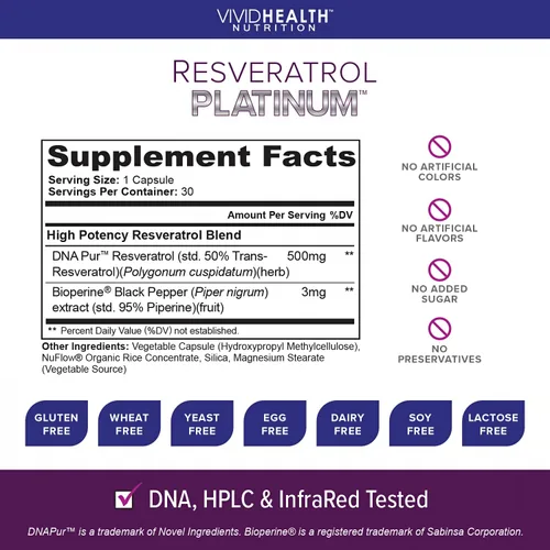 Vista 5 de Suplemento antioxidante de platino Resveratrol: potente fórmula antienvejecimiento con resveratrol trans puro y natural para apoyo inmunológico