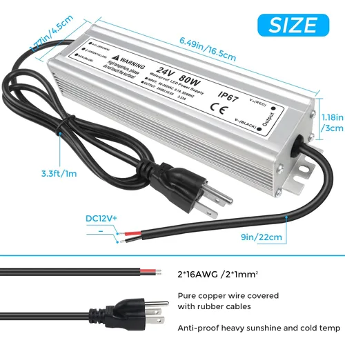 Vista 5 de Fuente de alimentación LED de 24 V, controlador LED de 3.3A 80 W impermeable IP67, convertidor de fuente de alimentación de 90-265 V CA a 24 V CC