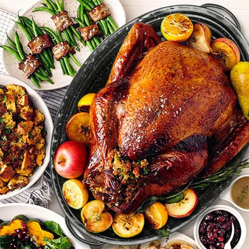 Vista 4 de Bandeja de asar ovalada esmaltada de 13 pulgadas con tapa abovedada - Para pavo de 7 libras, pollo, cordero, verduras