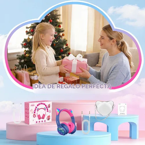 Vista 7 de IFECCO - Auriculares inalámbricos para niños con funda, linda oreja de gato con luz LED, tiempo de reproducción de 50 horas, volumen seguro