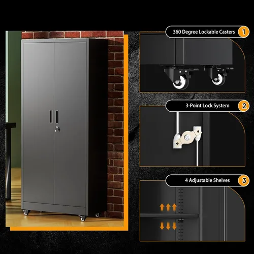 Vista 3 de Greenvelly Armario de almacenamiento de metal de 73 pulgadas con ruedas, gabinete de metal negro con cerradura con 2 puertas y 4 estantes