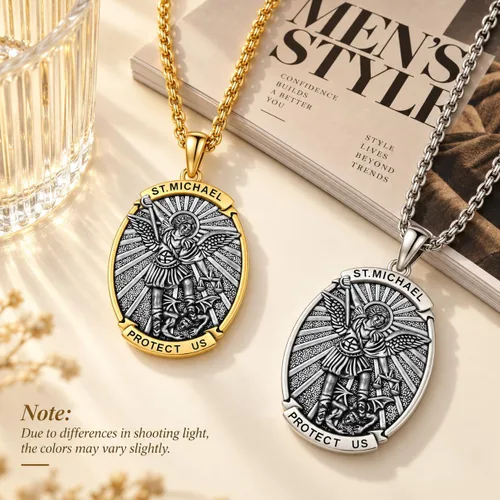 Vista 3 de Collar con colgante de amuleto de medalla de San de plata 10A-St Michael Oval