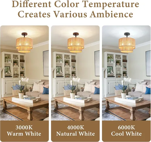 Vista 6 de 12.6" Boho Light Fixtures Ceiling Mount, Coastal Hemp Rope Semi Flush Mount Ceiling Light,3-Light Rustic Rattan Ceiling Light With 2-Tier Drum Shade