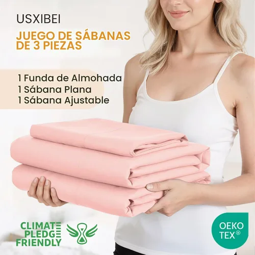 Vista 2 de Juego de sábanas de 3 piezas, imitación algodón Ultra, transpirables, refrescantes, prémium, de lujo para hotel, esquinas profundas hasta 15 Rosa