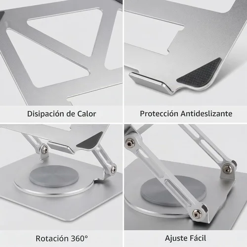Vista 5 de Soporte giratorio de aluminio para portátil de 360°, soporte ergonómico ajustable y plegable, compatible con MacBook, iPad, Dell, HP de hasta 16