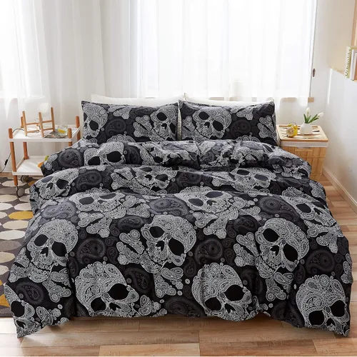 Vista 2 de LAMEJOR Juego de funda de edredón tamaño individual, decoración de Halloween, esqueleto de calavera negra, estampado floral, lujoso, suave, funda