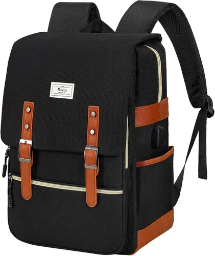 Vista 9 de Ronyes - Mochila vintage para laptop para mujeres y hombres, de 15.6 pulgadas, mochila casual de día con puerto de carga USB para trabajo