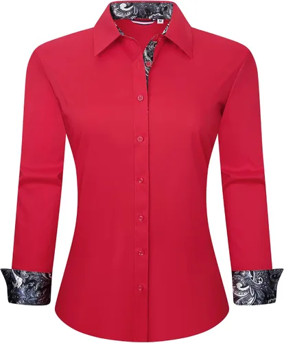 Vista 10 de WARHORSEE Blusas de vestir de manga larga con botones de algodón para mujer, blusas de trabajo elegantes de fácil cuidado, blusas casuales