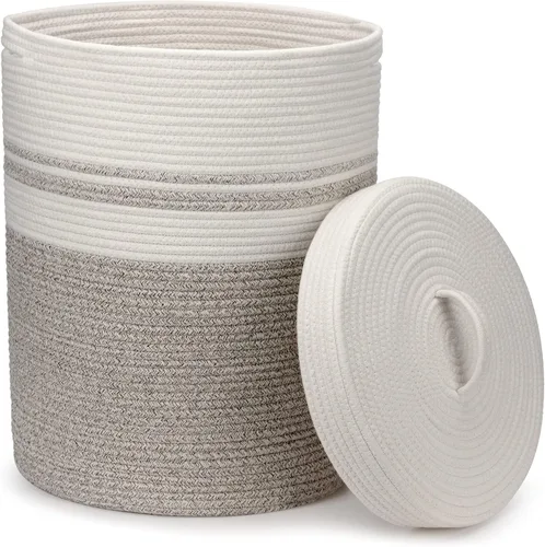 Vista 8 de Cesta de lavandería Goodheim con tapa, cesta de lavandería tejida, cesta de almacenamiento para mantas y juguetes para sala de estar, dormitorio