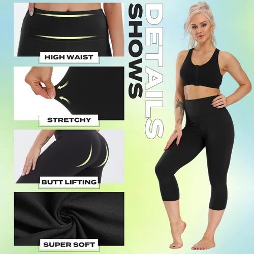 Vista 20 de NexiEpoch - Paquete de 4 leggings suaves para mujer, con bolsillos, control de abdomen y cintura alta, pantalones capri para yoga y ejercicio