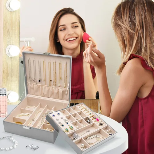 Vista 7 de ProCase - Joyero grande de cuero con dos niveles para organizar aretes pulseras anillos relojes para mujeres niñas regalo ideal para novia o esposa