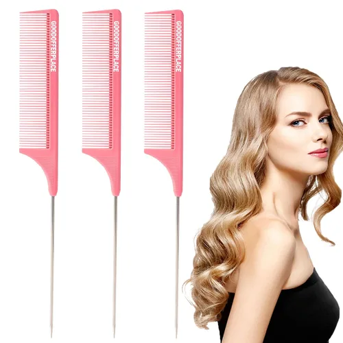 Vista 8 de 4 peines de cola de rata, peines de cola de rata, peine de dientes finos con púa de metal para cabello rizado, peines desenredantes para mujeres