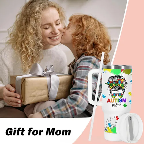 Vista 3 de Regalos para mamá, vaso de concientización sobre el autismo, vaso de 40 onzas con asa para mamá autista