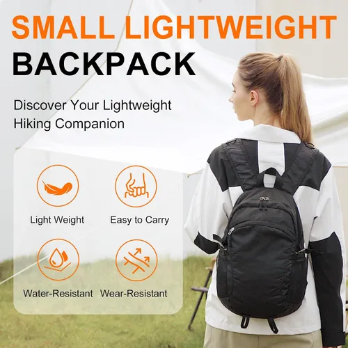 Vista 2 de Mochila pequeña de senderismo para viajes, ligera, plegable, mochila de día resistente al agua, mochilas plegables de 15L para viajes, mujeres, Negro